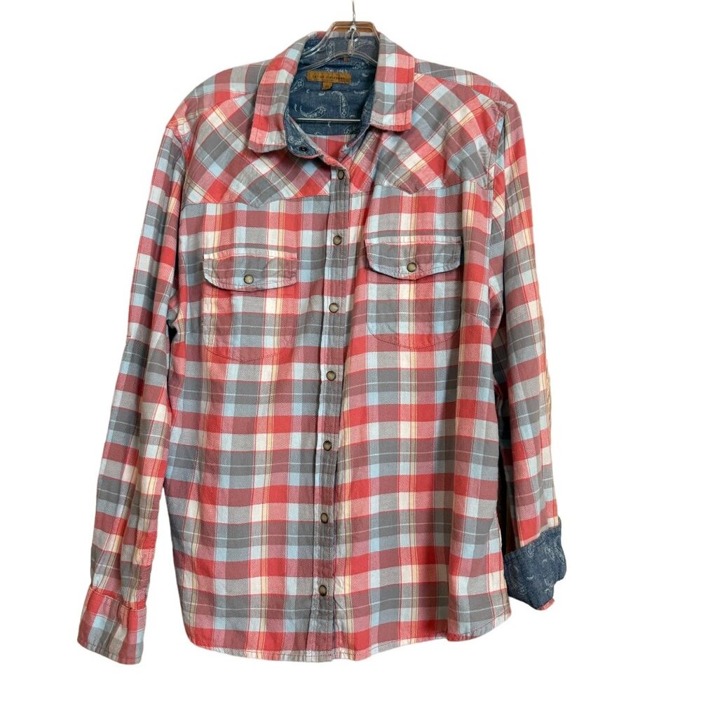 Jachs Girlfriend Plaid Button-Up Shirt XL Red Blue Roll-Up Sleeves Snap Cowgirl